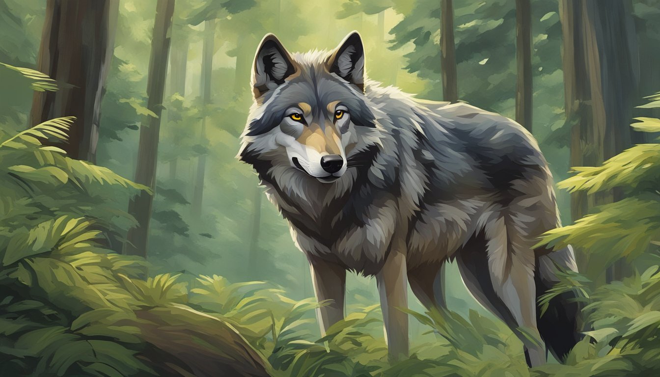 A wolf prowls through a lush forest, its powerful muscles rippling beneath its sleek fur. It moves with ease and grace, showing no signs of stiffness or discomfort in its joints. The surrounding flora and fauna seem to thrive in its presence