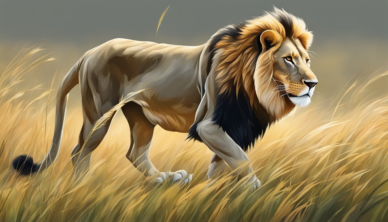 A lion effortlessly prowls through tall grass, its sleek muscles and agile movements demonstrating the benefits of a carnivore diet for supporting joint mobility