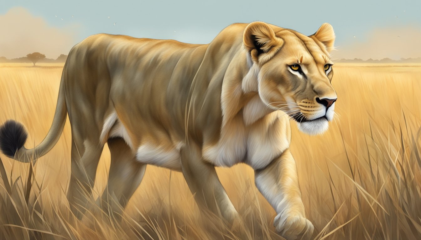 A lioness prowls through the savanna, hunting for prey to maintain her weight and metabolic health as she ages