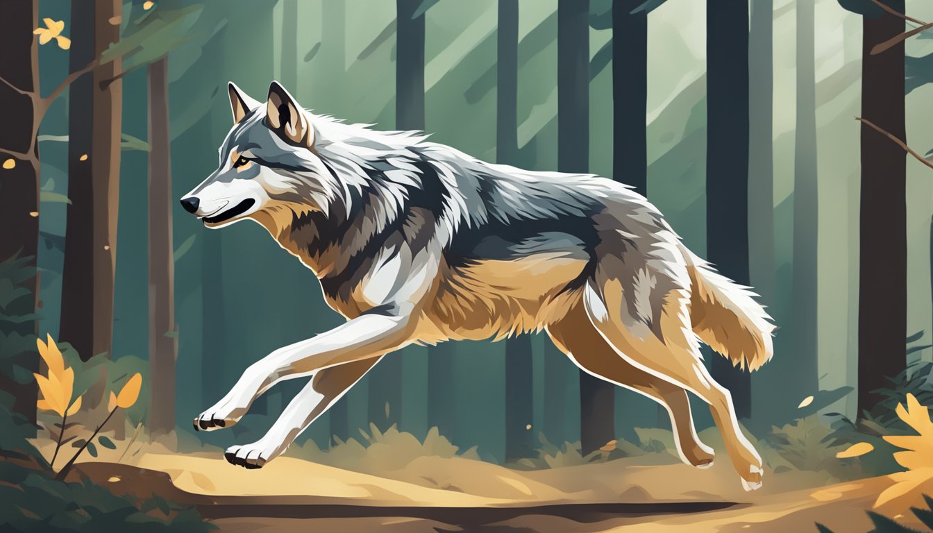 A wolf running effortlessly through a forest, its strong and agile body showcasing the benefits of a carnivore diet for joint mobility