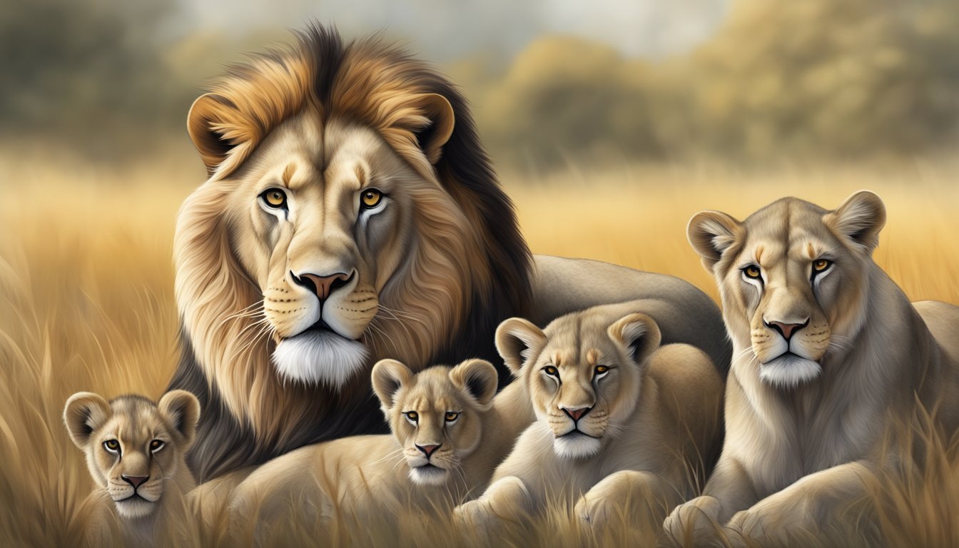 A lion with a graying mane, surrounded by a pack of younger lions, showing signs of aging due to a carnivore diet