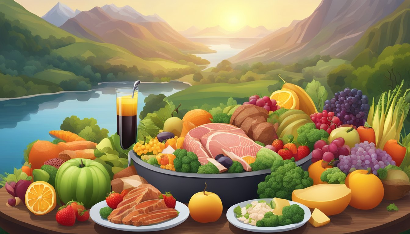 A carnivore diet with a variety of meats and fish, surrounded by colorful fruits and vegetables, with a backdrop of a serene natural landscape