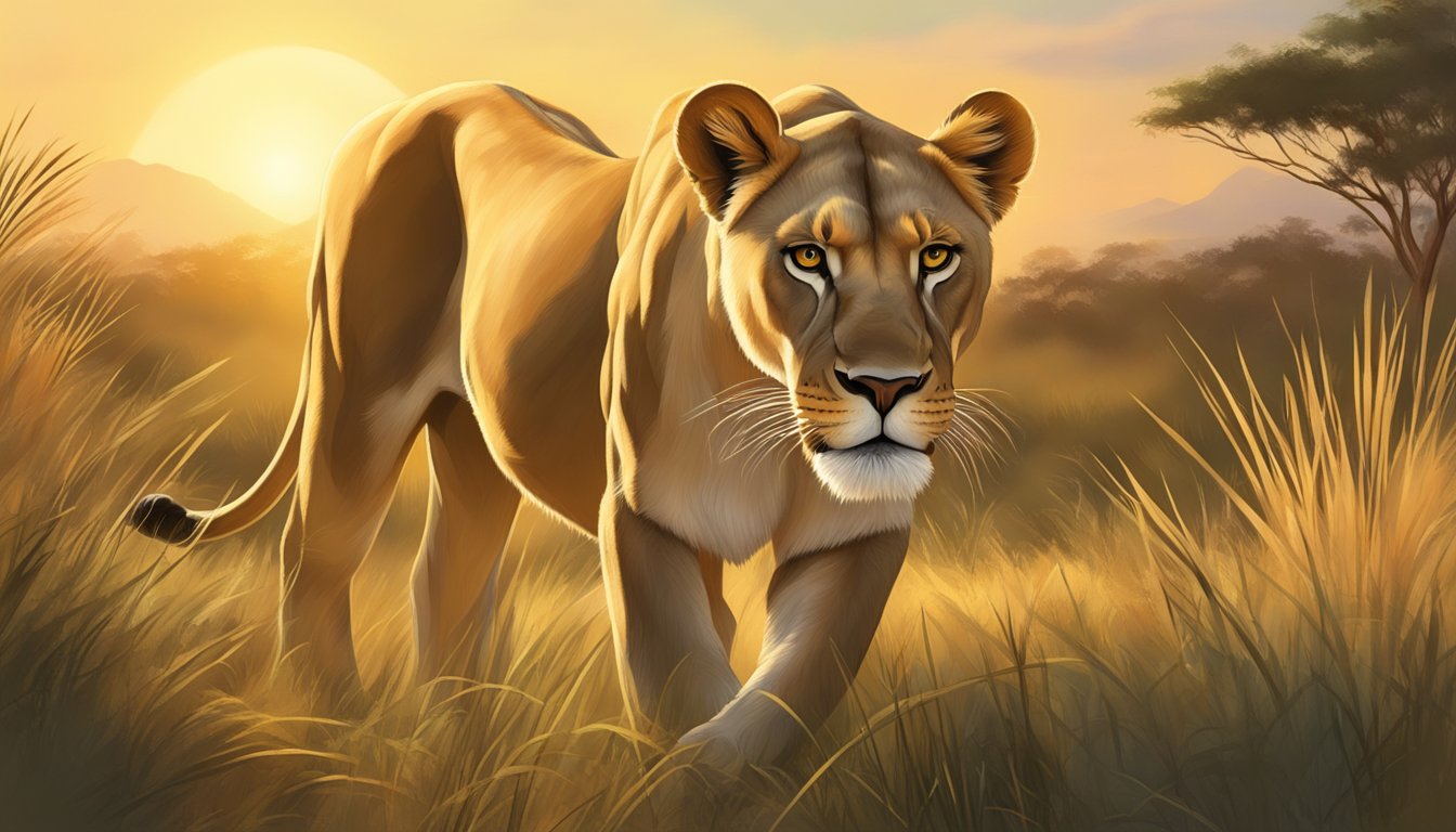 A lioness prowls through a lush savanna, hunting for prey in the golden light of sunset. The circle of life is evident in the natural balance of predator and prey