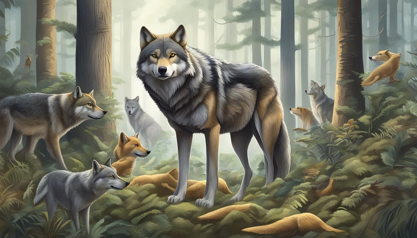 A wolf standing in a forest, surrounded by various types of prey, illustrating the concept of tailoring a carnivore diet to genetic makeup