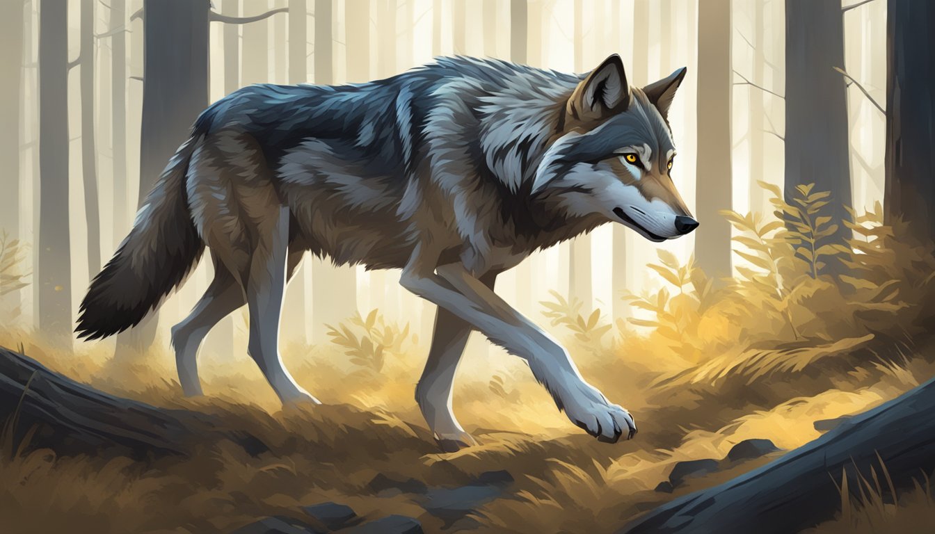 A wolf stalking through a forest, its sharp teeth bared as it eyes its prey, capturing the essence of a carnivore diet tailored to genetic makeup