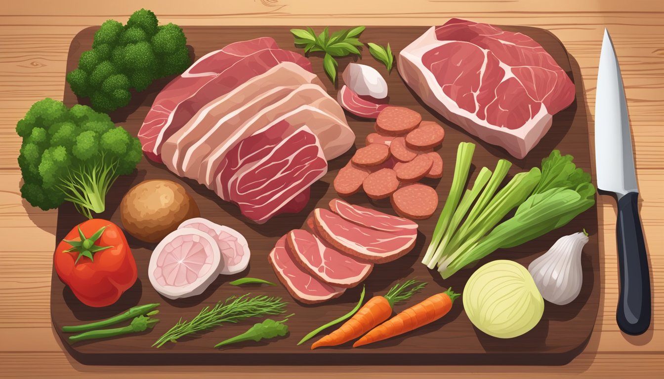 A carnivore diet, with a focus on genetic makeup, could be depicted with a variety of raw meats and fresh vegetables arranged on a wooden cutting board