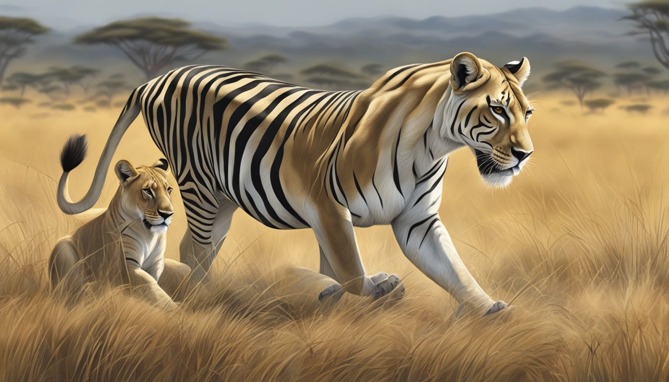 A lioness hunting and devouring a zebra on the African savannah