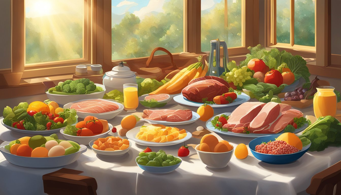 A table set with a variety of meats, fish, and eggs, surrounded by vibrant fruits and vegetables. The sunlight streams through a window, casting a warm glow over the scene