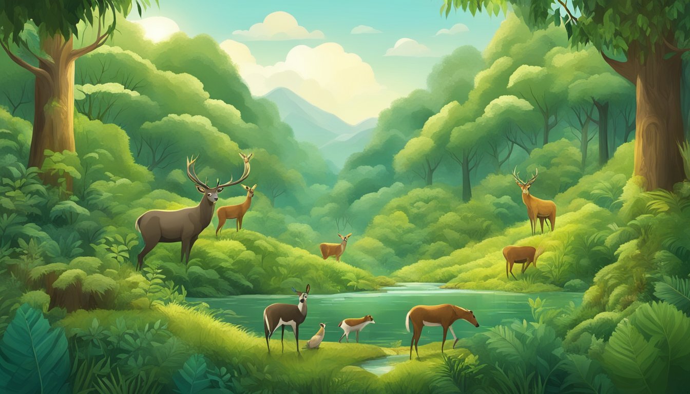 A lush forest with diverse plant life and roaming animals, showcasing the harmony of nature and the impact of sustainable practices on the environment