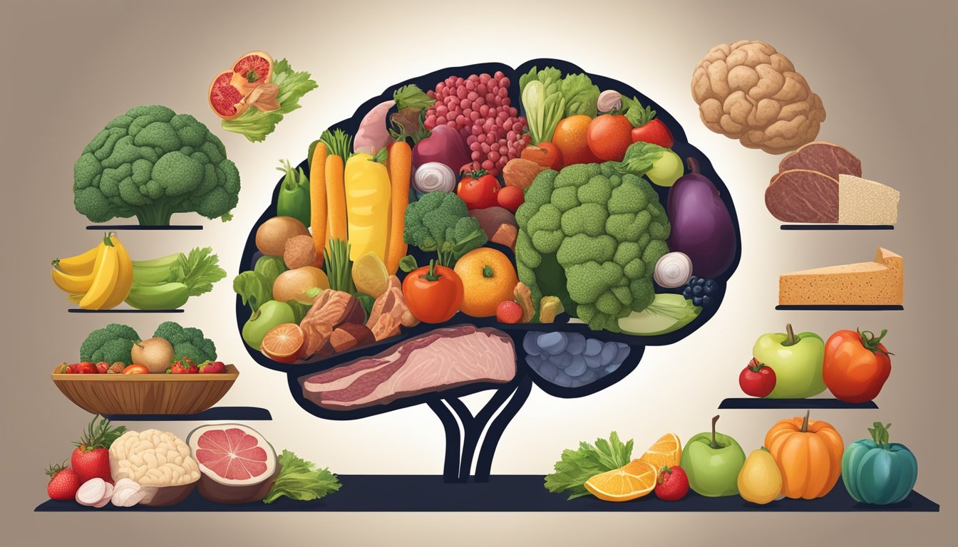 A brain surrounded by various foods, with a spotlight on fruits and vegetables, while meat and animal products are in the shadows