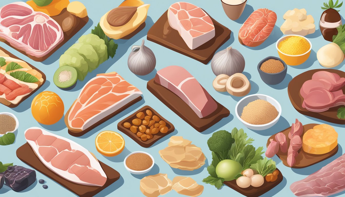 A diverse array of animal proteins, organs, and fats arranged in a balanced and visually appealing composition