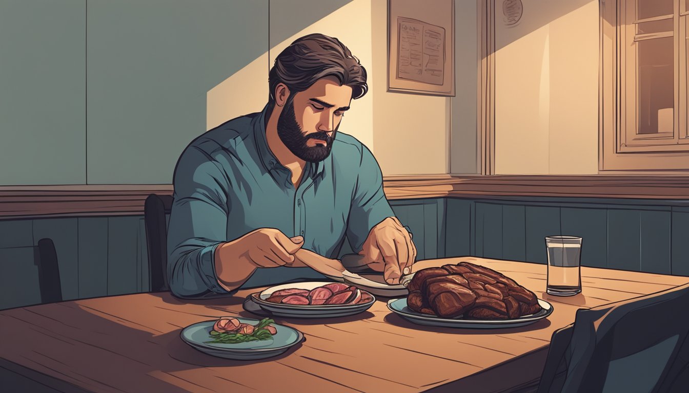 A person sitting at a table with a plate of meat, looking sad and isolated in a dimly lit room