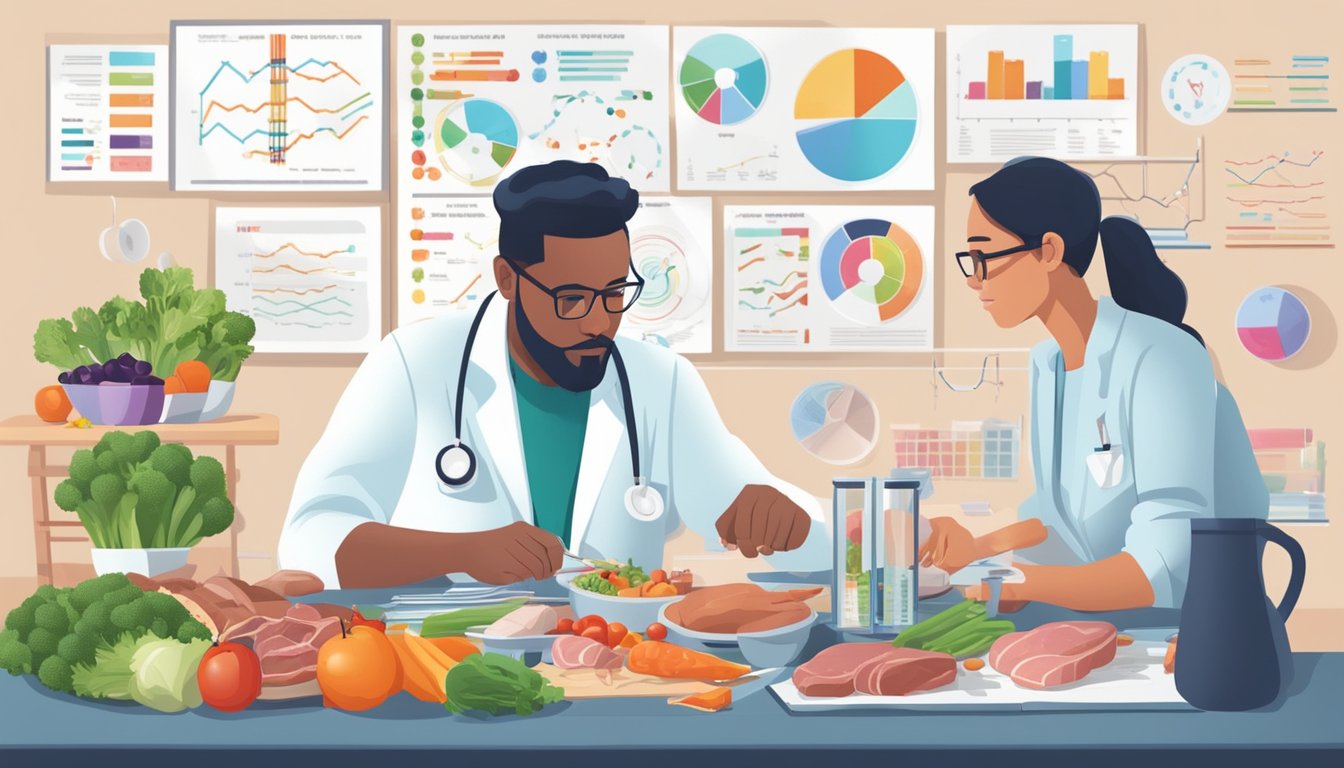 A geneticist analyzing DNA samples next to a table with various meats and vegetables, surrounded by charts and graphs