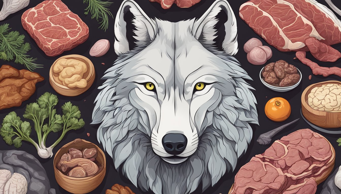 A wolf with a brain surrounded by meat, bones, and organs, with a clear focus on the brain as the centerpiece of the carnivore diet