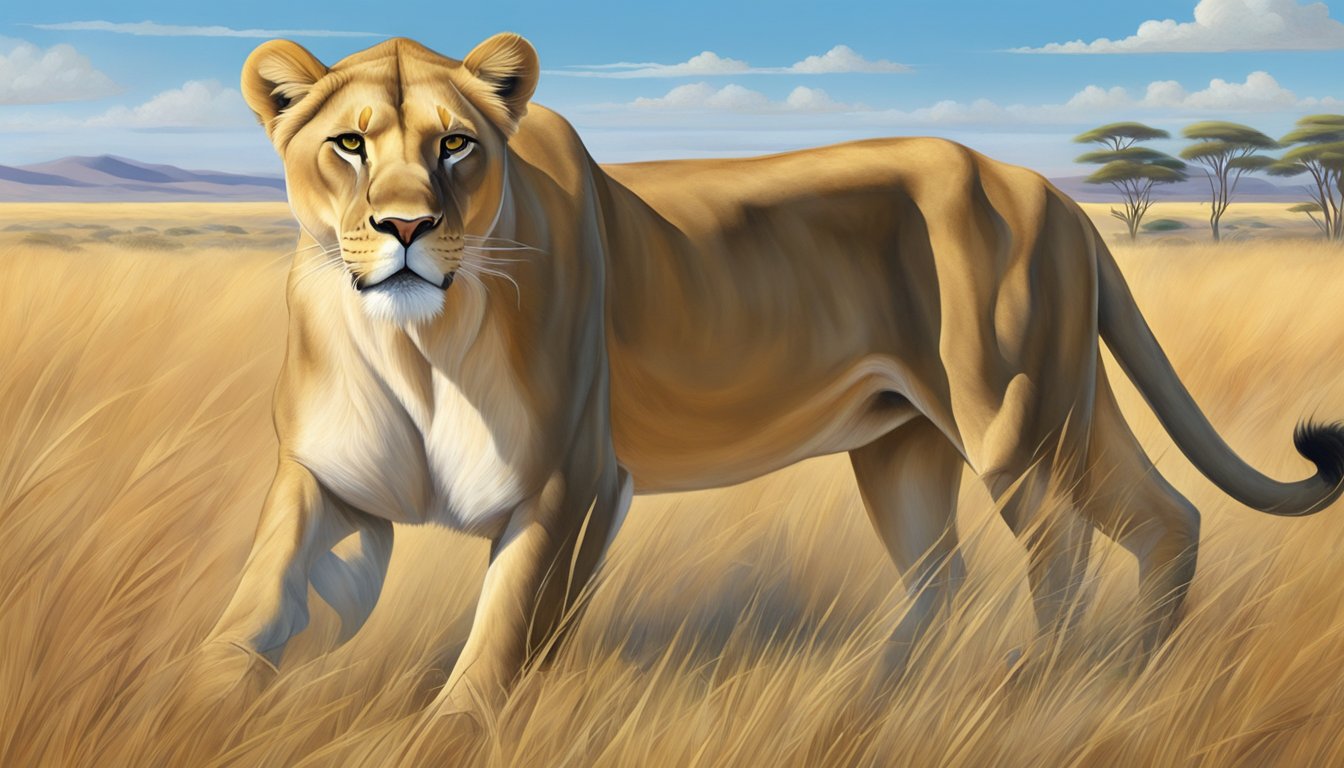 A lioness prowls through a savannah, her powerful muscles rippling as she hunts for prey. The vast, open landscape stretches out before her, under a brilliant blue sky