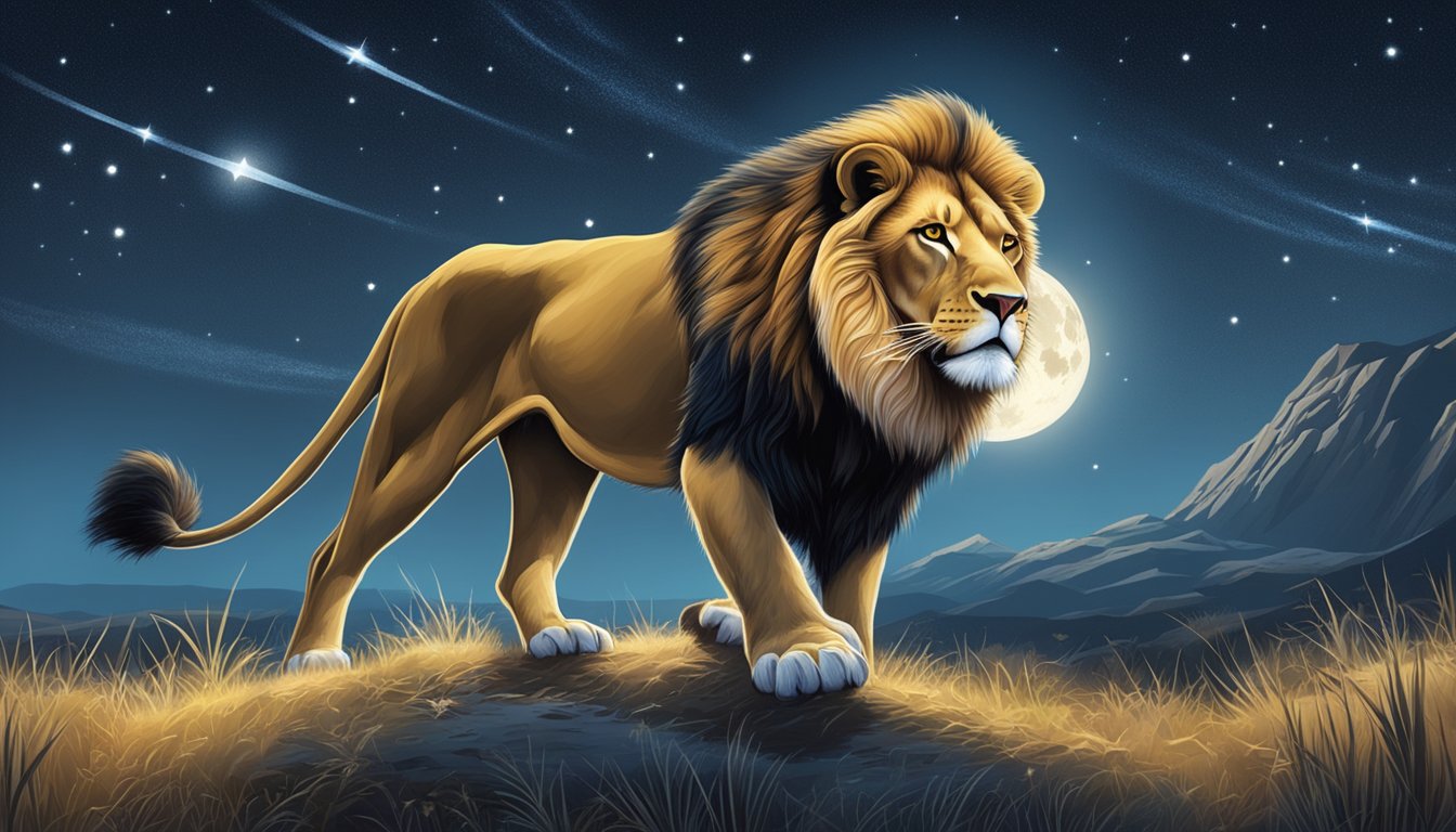 A lion prowling through a moonlit savanna, hunting its prey under the starry night sky