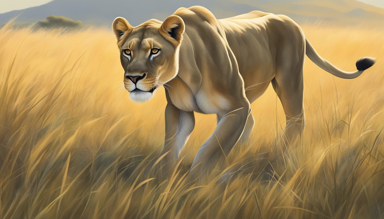 A lioness prowls through a grassy savanna, stalking her prey with focused determination. Her sleek, muscular body exudes power and vitality, a testament to the benefits of a carnivore diet for metabolic health