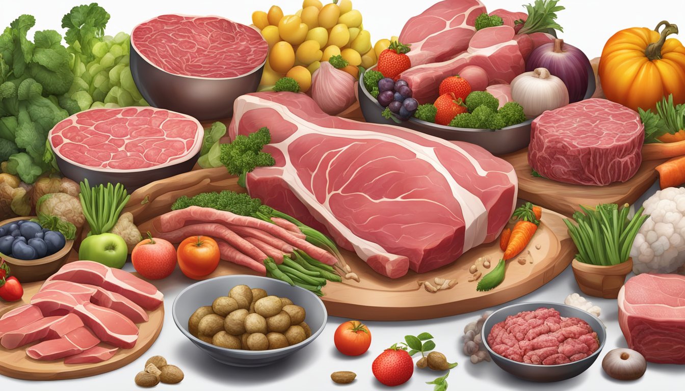 A table filled with raw meat, bones, and organs, surrounded by a variety of fruits and vegetables