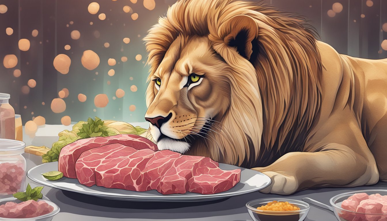 A lion feasting on raw meat, with cells undergoing autophagy in the background