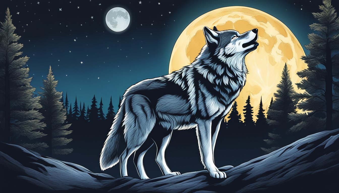 A wolf howling under a full moon, surrounded by a forest with a clear night sky above