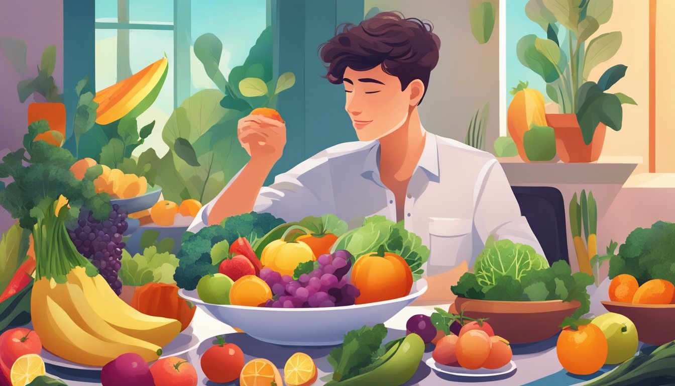 A person enjoying a variety of fresh fruits, vegetables, and lean meats on a plate, surrounded by vibrant colors and natural elements