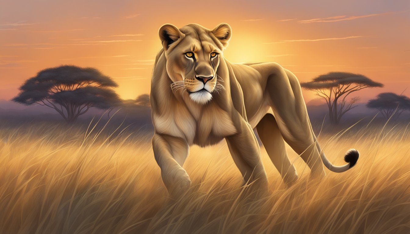 A lioness prowls through a savanna at dusk, hunting for prey under the fading light of the setting sun