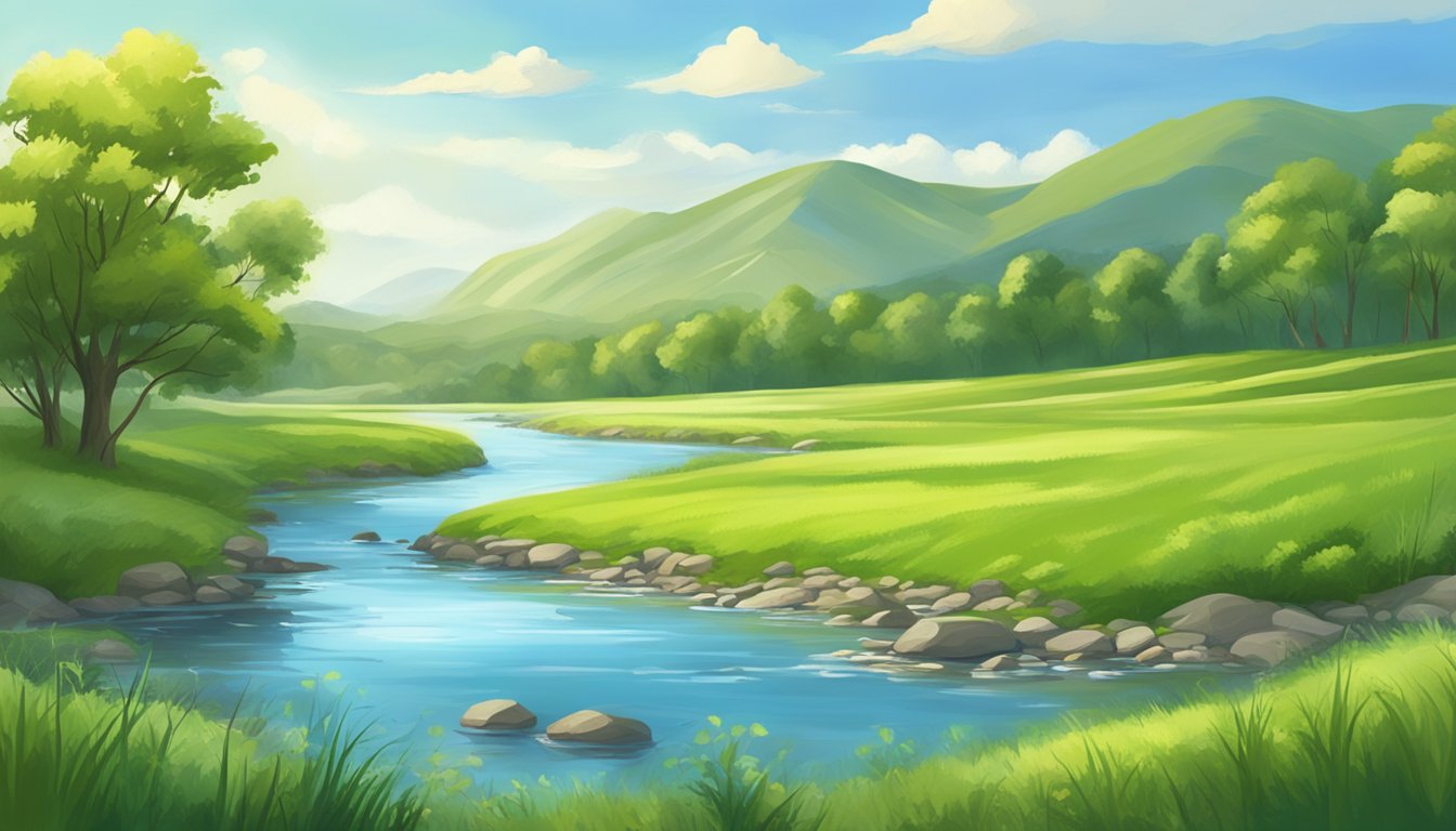 A serene landscape with a lush green meadow and a clear blue sky, with a peaceful river flowing through it