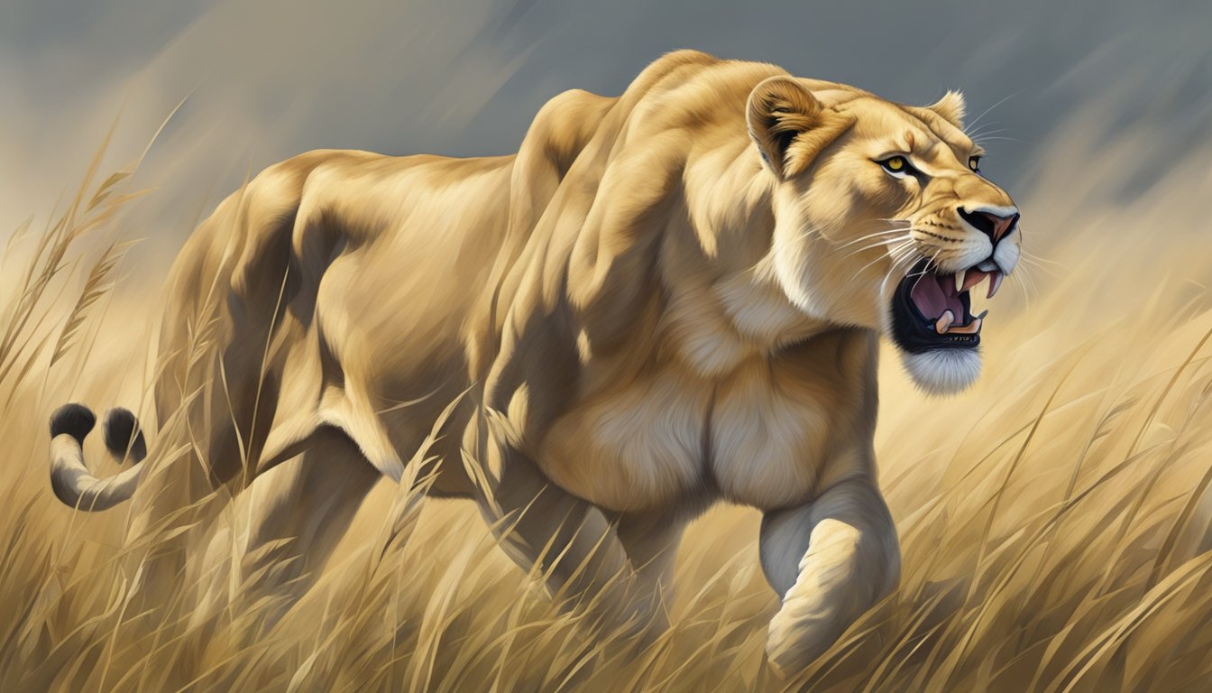 A fierce lioness prowls through a grassy savannah, her powerful muscles rippling as she hunts for her next meal