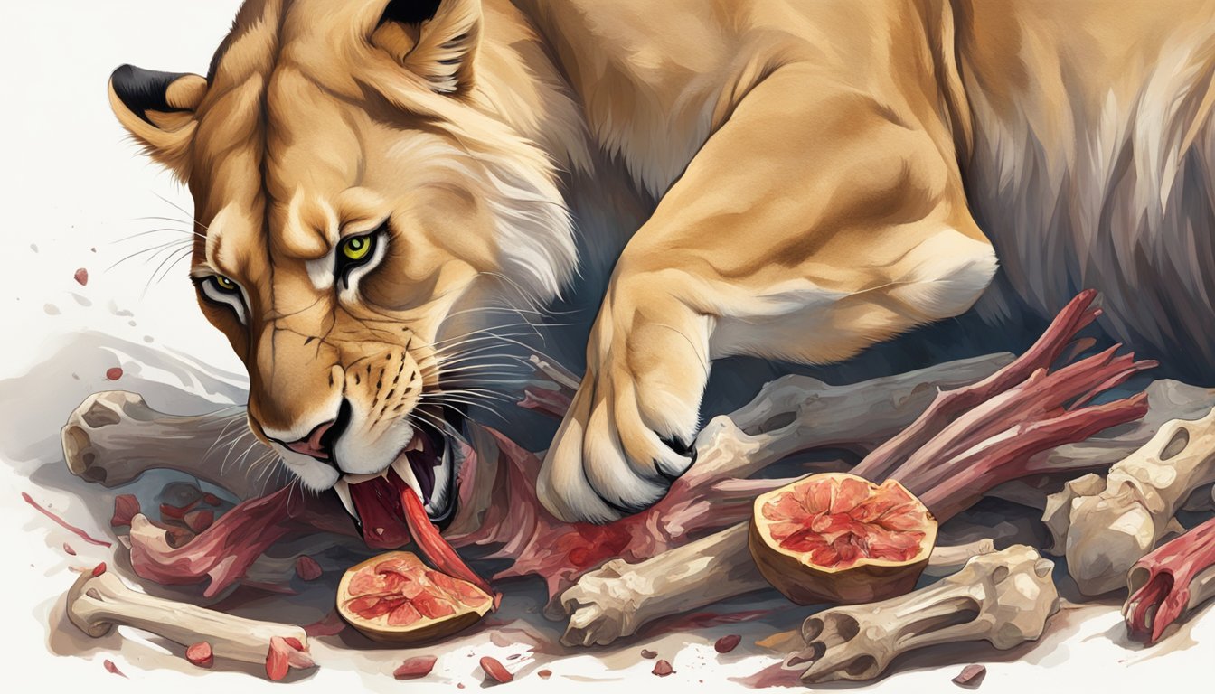 A fierce lioness devours a fresh kill, surrounded by bones and blood, embodying the essence of existence on a carnivore diet