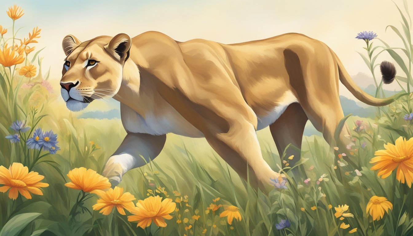 A lioness prowling through a grassy savanna, surrounded by a variety of blooming flowers and plants. Her sleek and healthy appearance suggests a strong immune system and reduced allergic reactions