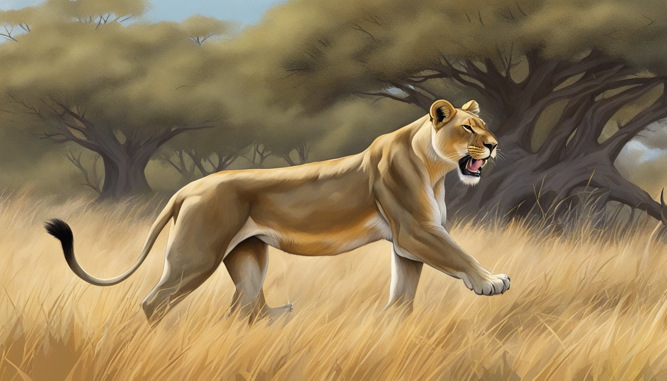 An illustration of a lioness hunting and devouring a fresh kill in the African savanna