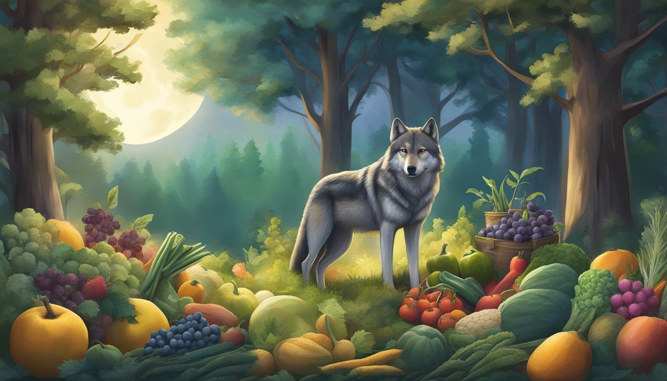 A serene forest clearing with a wolf gazing at the moon, surrounded by an abundance of fresh fruits and vegetables