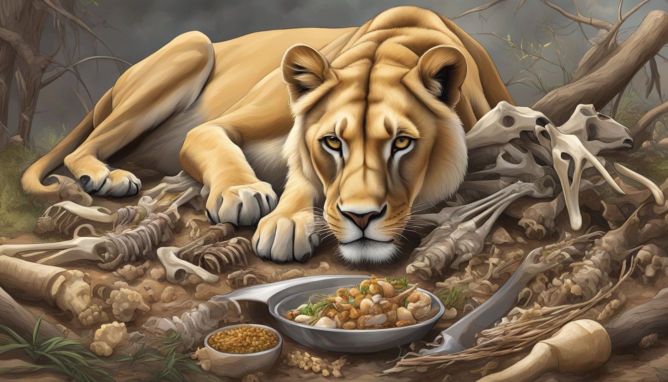 A lioness feasting on a freshly caught wildebeest, surrounded by a variety of bones and organs, illustrating the carnivore diet's focus on animal-based nutrition for longevity and aging