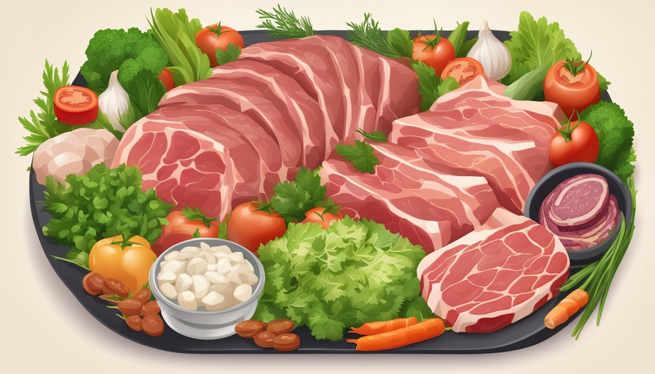 A plate filled with various types of meat and animal products, surrounded by fresh vegetables and herbs