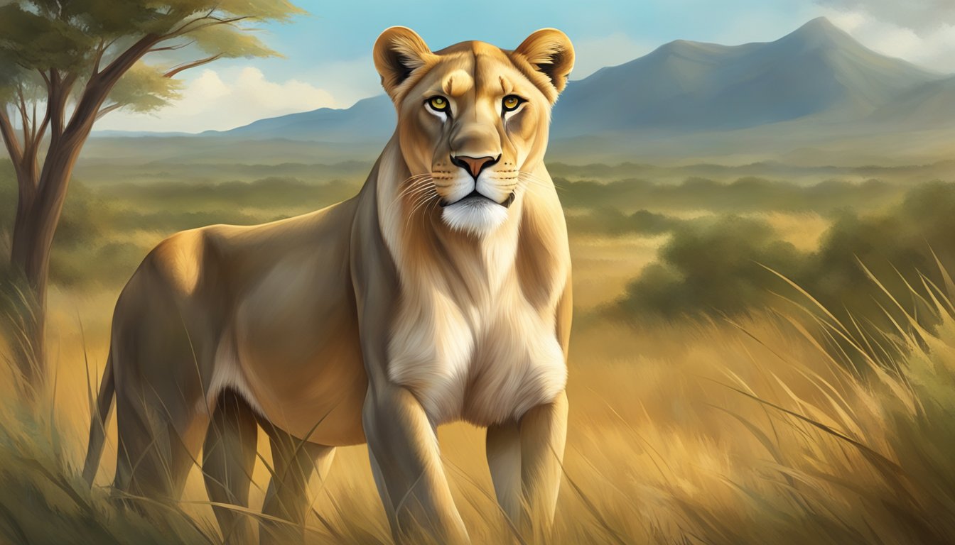 A lioness with a sleek and powerful physique, standing proudly with a regal expression, surrounded by a lush and vibrant savannah landscape