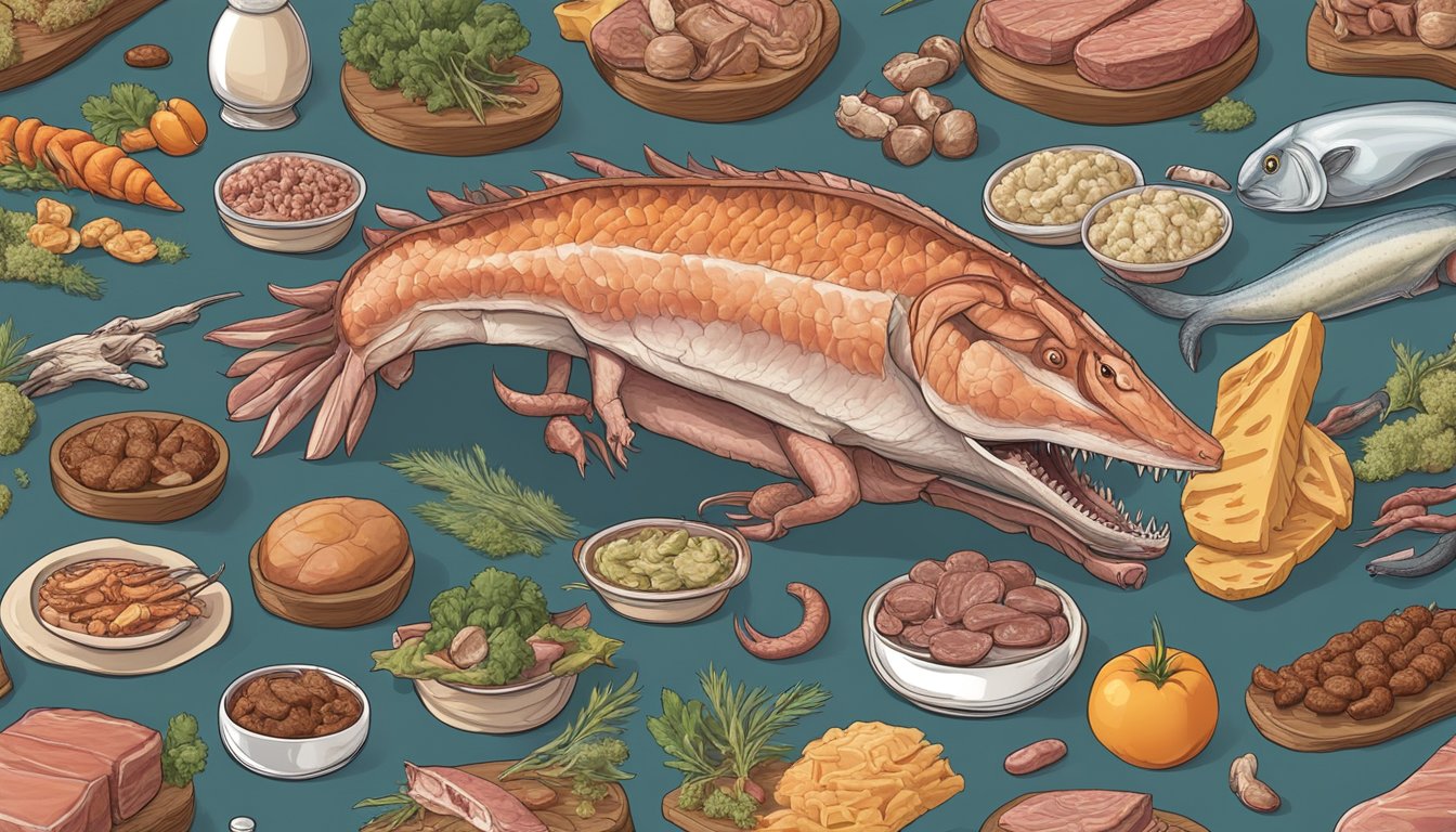 A carnivorous animal surrounded by various types of meat, bones, and organs, with a focus on the impact of the diet on inflammatory markers