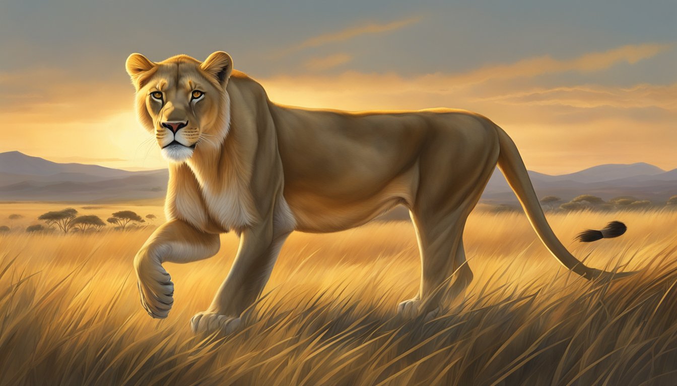 A lioness prowls through a grassy savanna, her sleek muscles rippling as she scans the horizon. The setting sun casts a warm glow on her golden fur, highlighting her strength and vitality