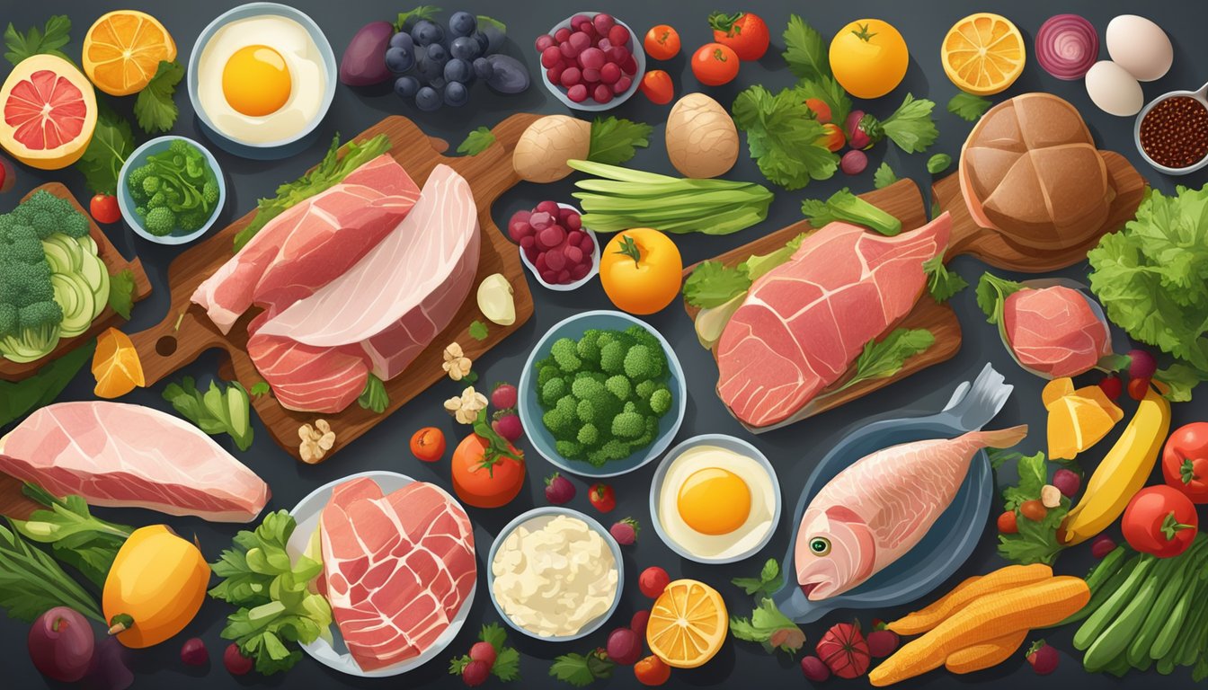 A carnivorous feast of meat, fish, and eggs laid out on a table, surrounded by colorful fruits and vegetables, with a focus on nutrient-rich foods for chronic venous insufficiency