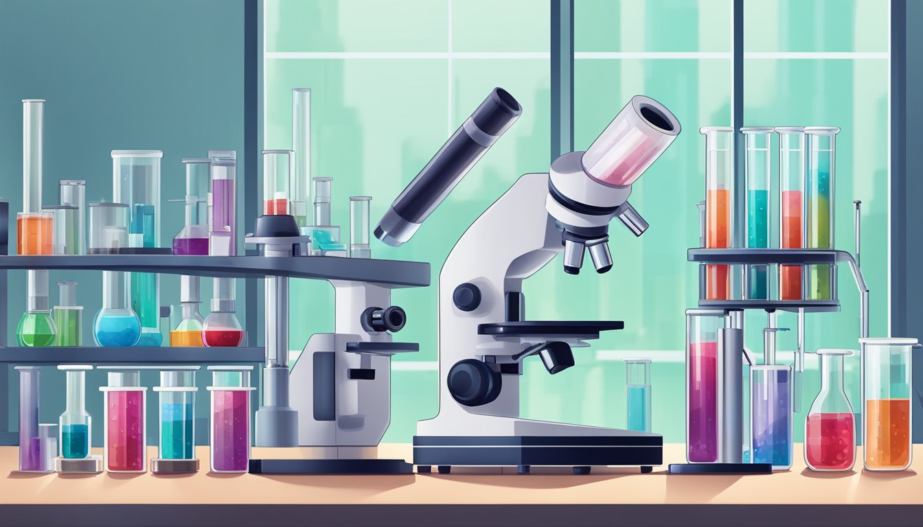 A laboratory setting with test tubes, microscopes, and blood samples being analyzed for inflammatory markers