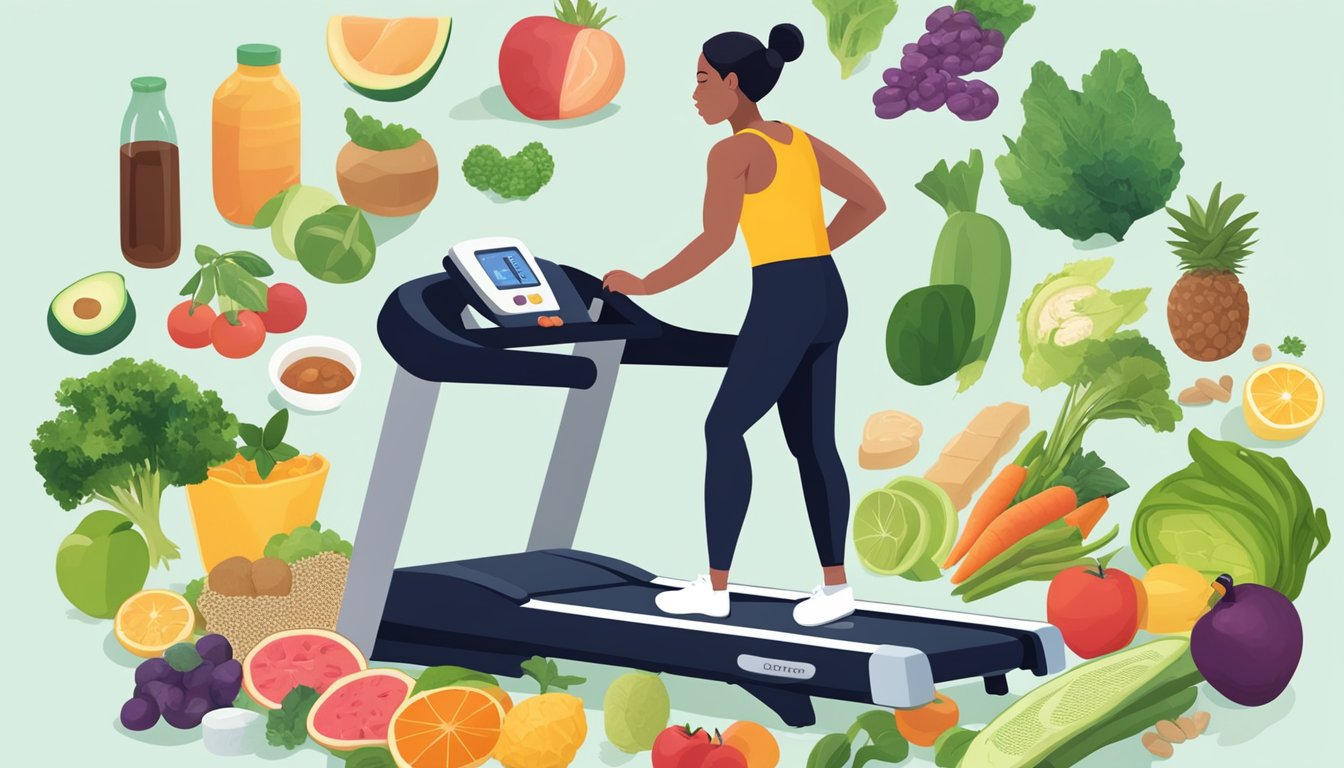 A person on a treadmill, surrounded by healthy food and supplements, with a visible vein showing signs of insufficiency