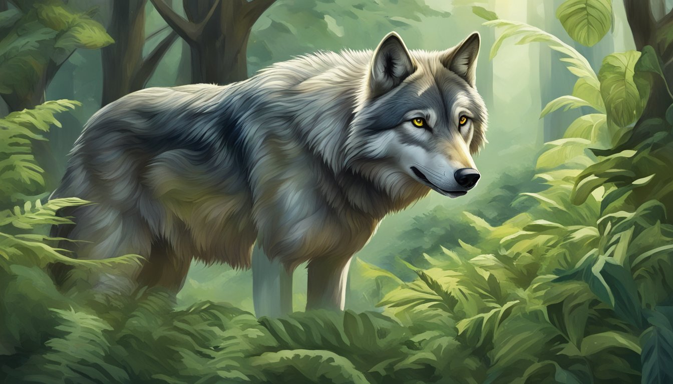 A wolf surrounded by lush greenery, hunting and consuming prey, with a focus on its carnivorous diet and potential impact on inflammatory markers