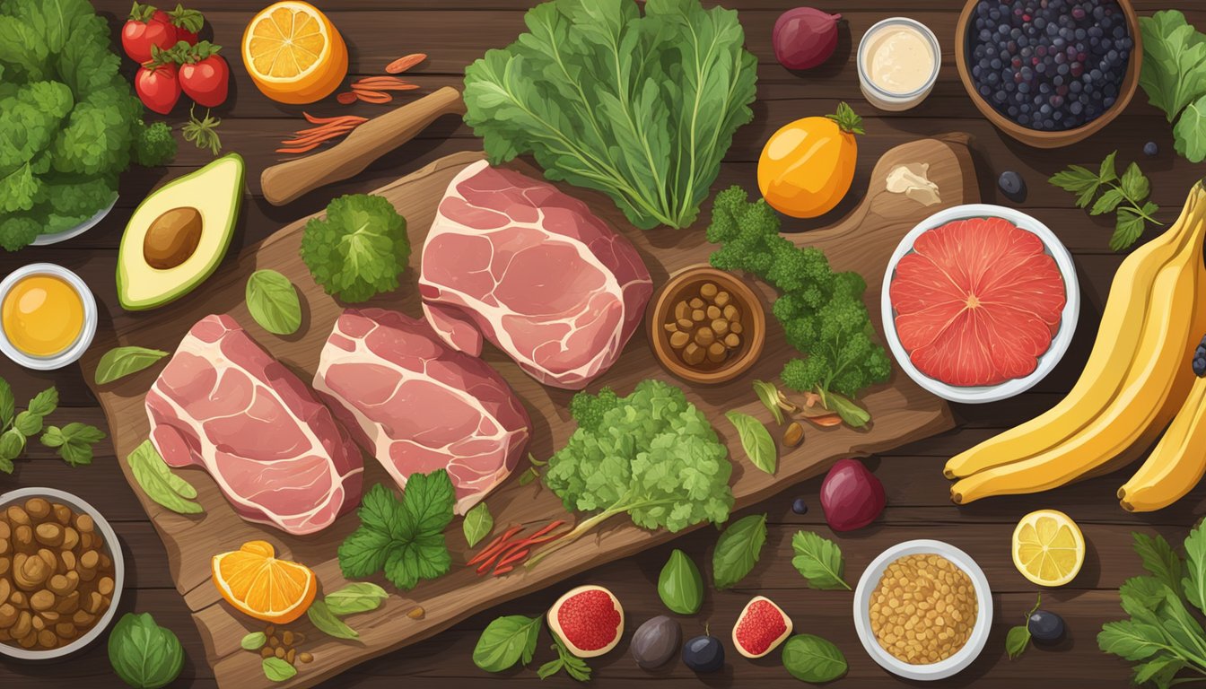 A carnivorous feast of fresh meats, leafy greens, and colorful fruits laid out on a rustic wooden table, surrounded by bottles of supplements and herbal remedies