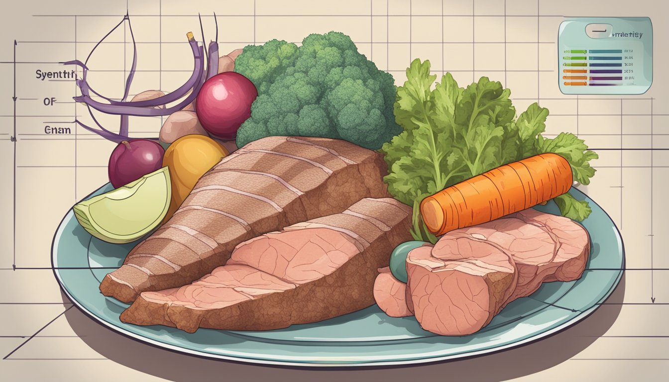 A plate with various meats and vegetables, a measuring tape wrapped around a leg, and a chart showing improvement in venous insufficiency symptoms