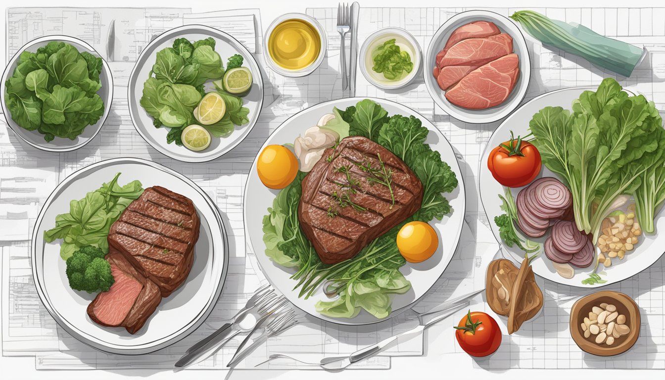 A table set with various meats and vegetables, with a spotlight on a plate of steak and leafy greens, surrounded by medical charts and research papers