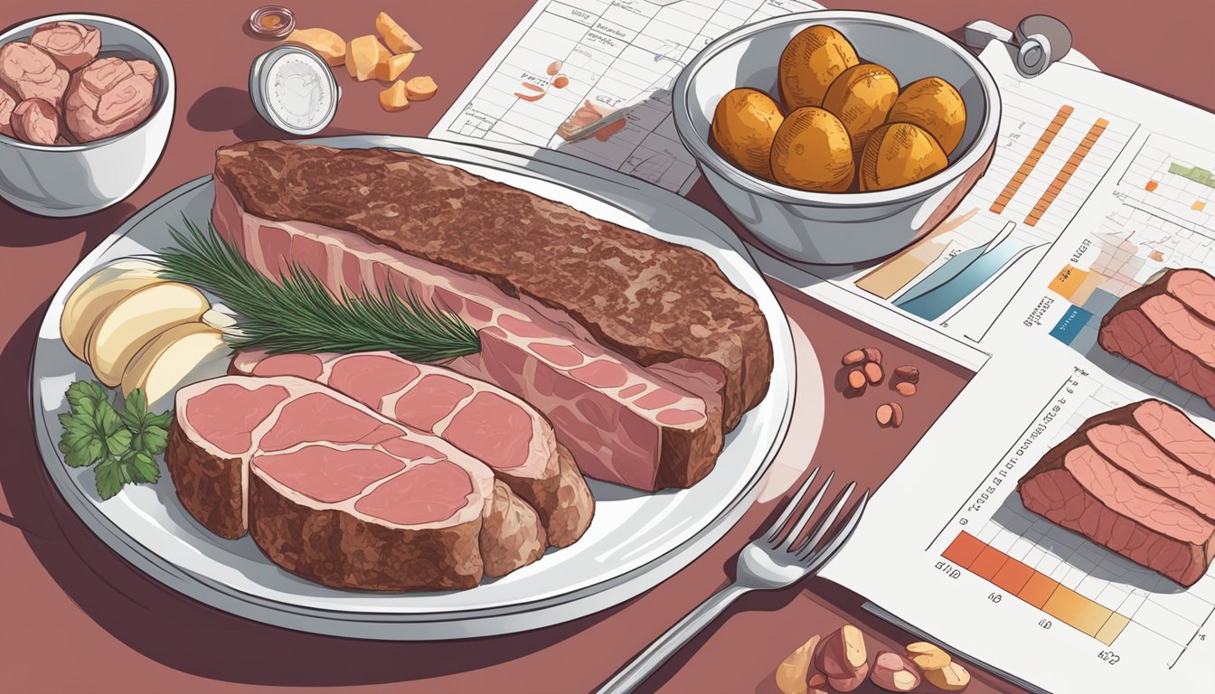 A plate of assorted meats and animal products, surrounded by blood lipid test results and a chart showing the impact of the Carnivore Diet on lipid profiles