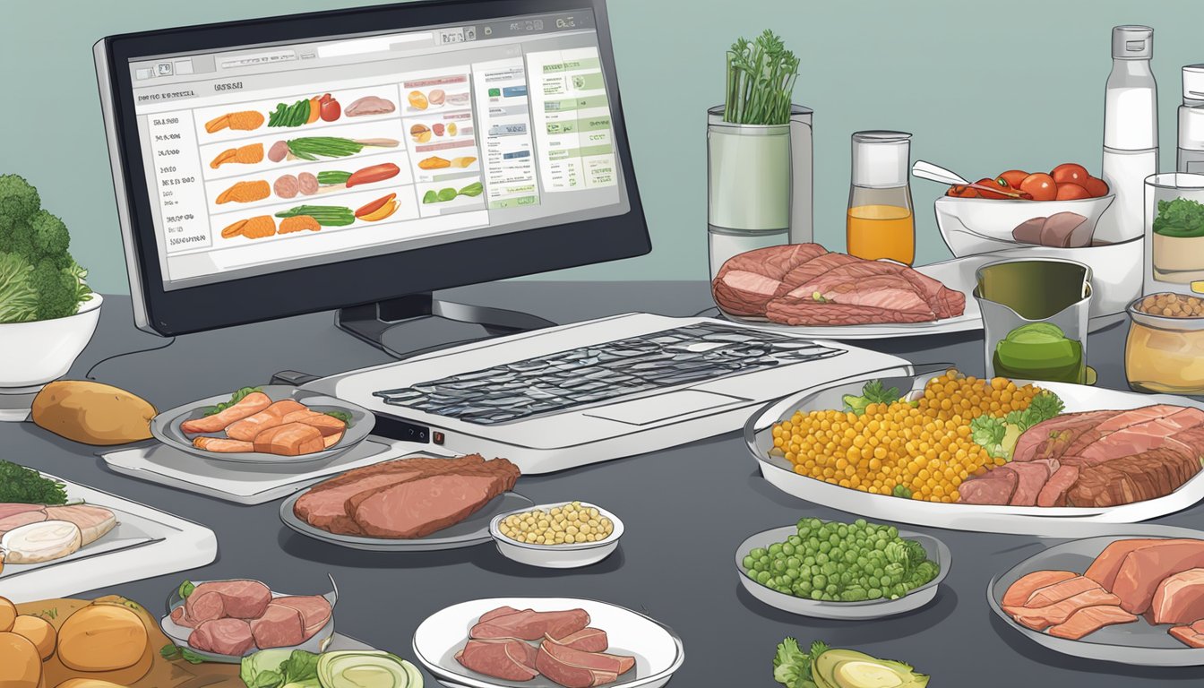 A table filled with various meats, fish, and low-carb vegetables. Blood samples and lipid profile results displayed on a computer screen nearby