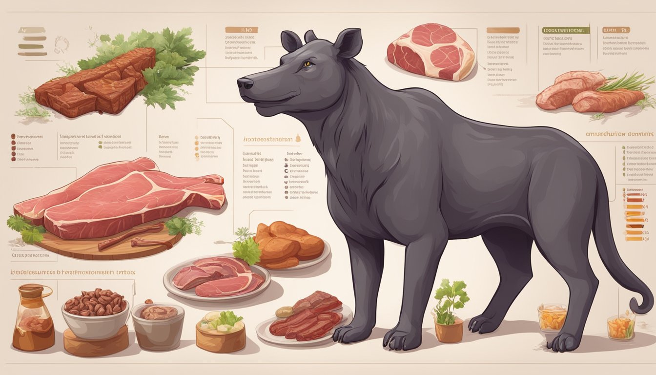 A carnivore surrounded by various types of meat, with blood lipid profile charts and environmental elements in the background