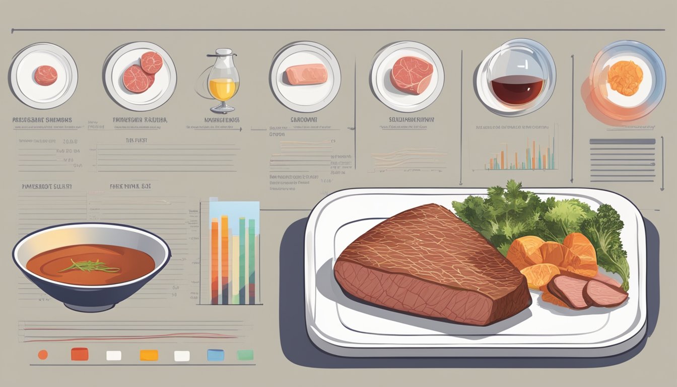 A table with blood lipid test results, a plate of meat, and a chart showing changes over time