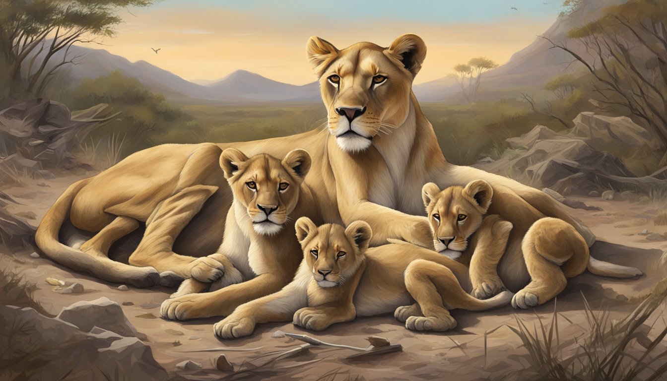 A lioness nursing her cubs after a successful hunt, surrounded by the remains of a fresh kill, illustrating the improved nutrient bioavailability on a carnivore diet