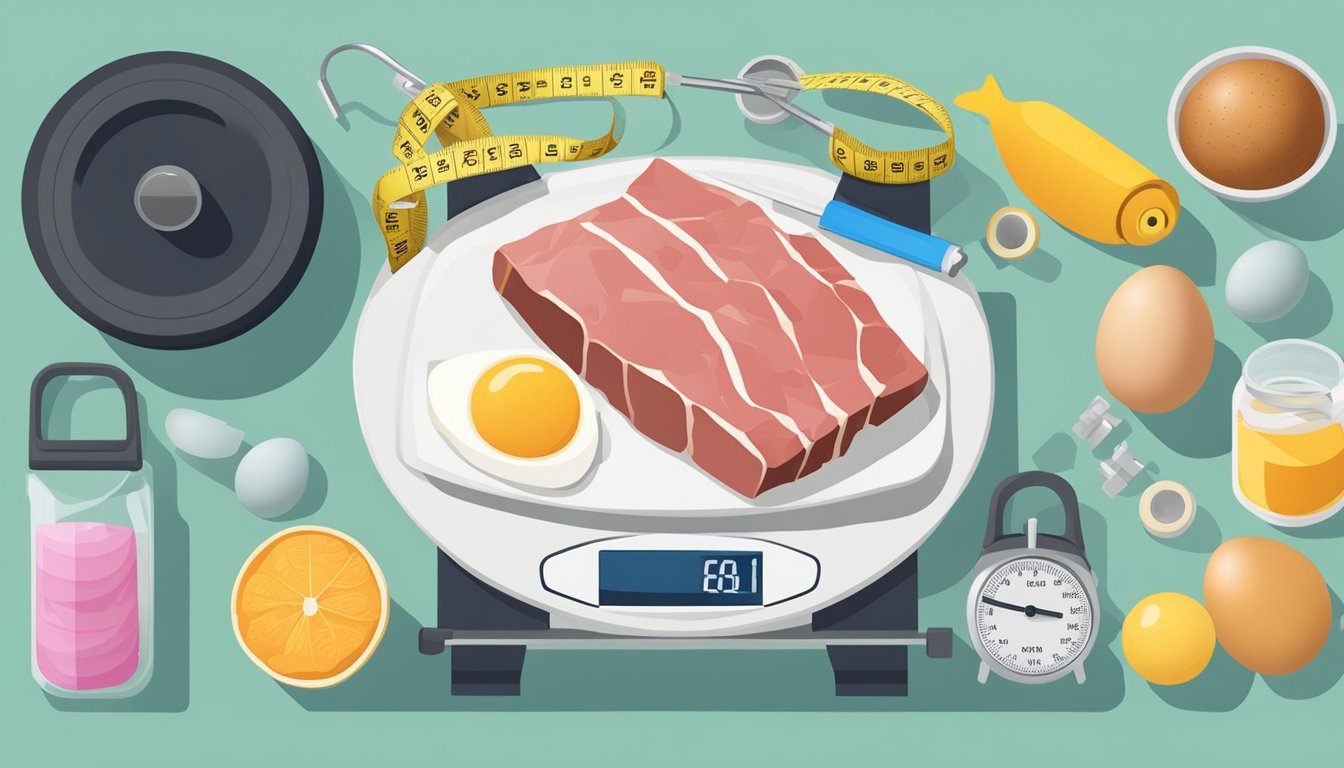 A carnivore diet consisting of meat, fish, and eggs surrounded by weights, a tape measure, and a body composition scale